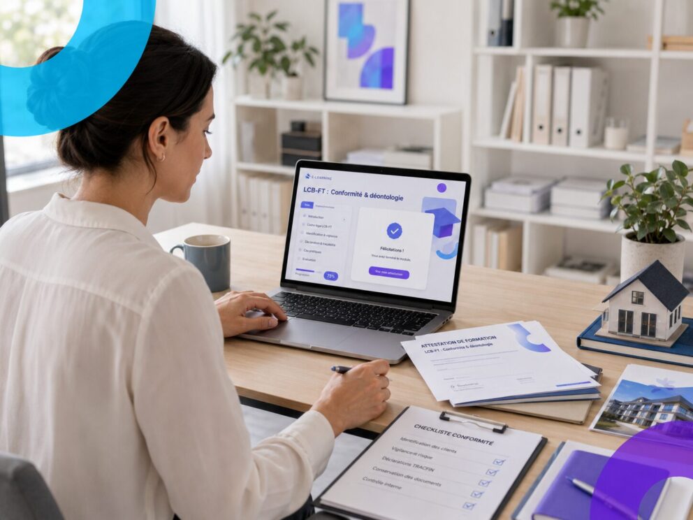 Professionnelle de l’immobilier suivant une formation e-learning LCB-FT avec attestation et checklist de conformité.