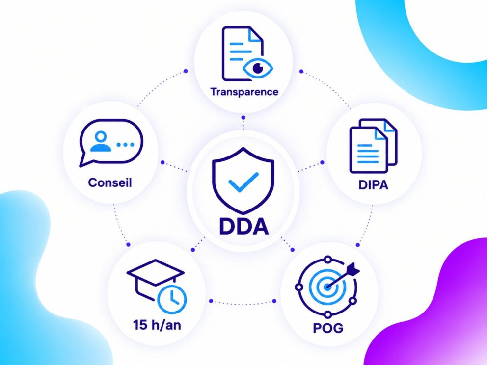 Infographie illustrant les 5 piliers de la DDA assurance : transparence, conseil, DIPA, formation continue de 15 heures par an et gouvernance des produits