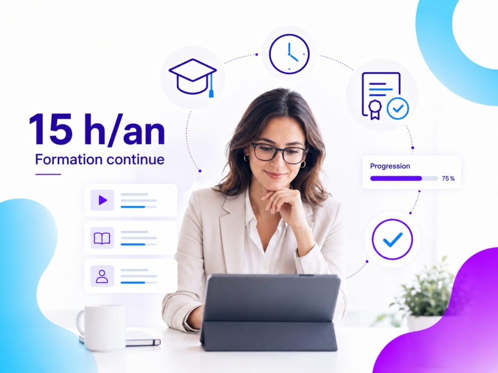 Professionnelle suivant une formation e-learning illustrant l’obligation DDA de 15 heures de formation continue par an