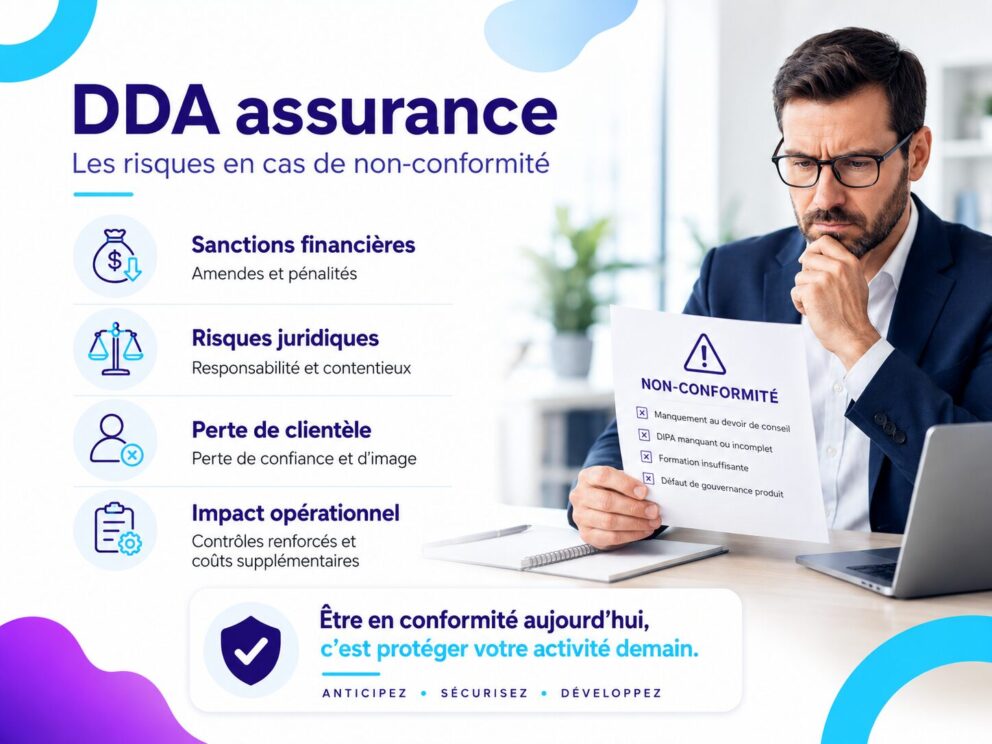 Visuel sur les risques de non-conformité DDA assurance avec sanctions financières, risques juridiques, perte de clientèle et impact opérationnel